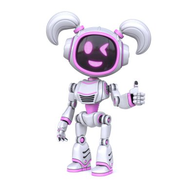 Sevimli pembe kız robot beyaz arka planda izole edilmiş 3B görüntüleme başparmaklarını kaldırıyor