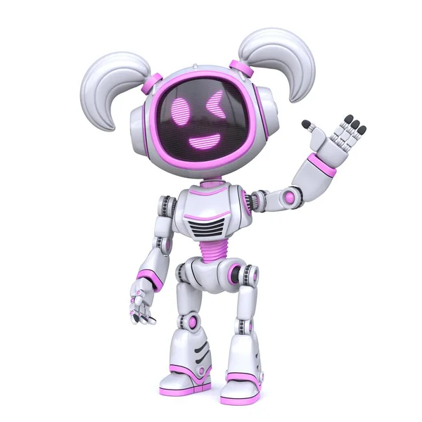 Cute Pink Girl Robot Waving Hand Rendering Illustration Isolated White — Stock Photo, Image