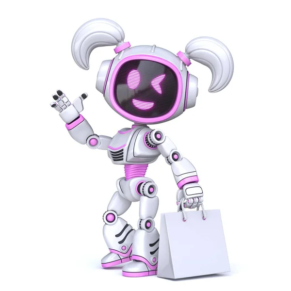 Cute Pink Girl Robot Whit Blank Shopping Bag Rendering Illustration — Stock Photo, Image