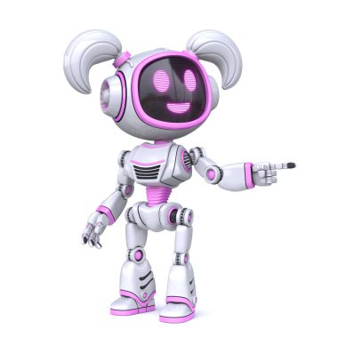 Beyaz arkaplanda izole edilmiş 3 boyutlu resim gösteren sevimli pembe kız robot parmağı