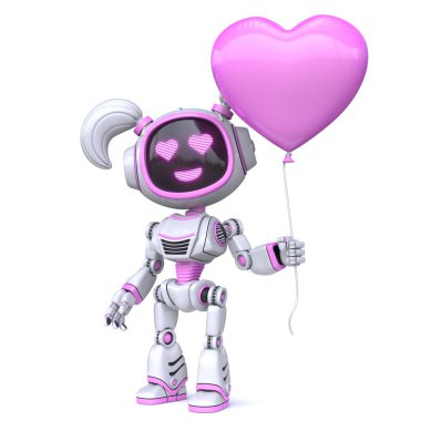 Şirin pembe kız robot, kalp şeklinde balon, 3D görüntü, beyaz arka planda izole edilmiş.