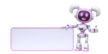 Boş dikdörtgen tahta tutan sevimli pembe kız robot beyaz arka planda izole edilmiş üç boyutlu resimleme