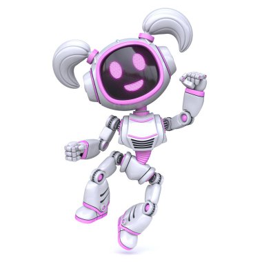 Şirin pembe kız robot mutlu atlama 3D görüntüleme beyaz arka planda izole