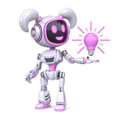 Ampullü sevimli pembe kız robotun beyaz arka planda izole edilmiş 3D görüntüleme fikri var.