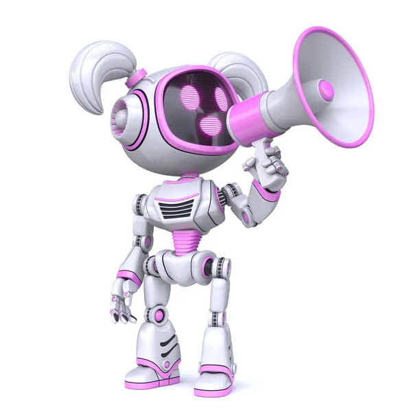 Симпатичная Розовая Девушка Робот Мегафоном Рендеринг Иллюстрации Изолированы Белом Фоне — стоковое фото