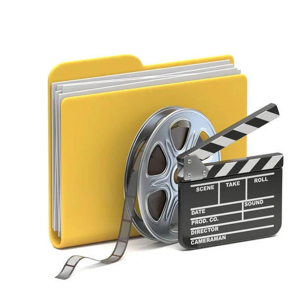 黄色のフォルダアイコン白い背景に隔離されたフィルムリールとクラップボードDレンダリングイラスト — ストック写真