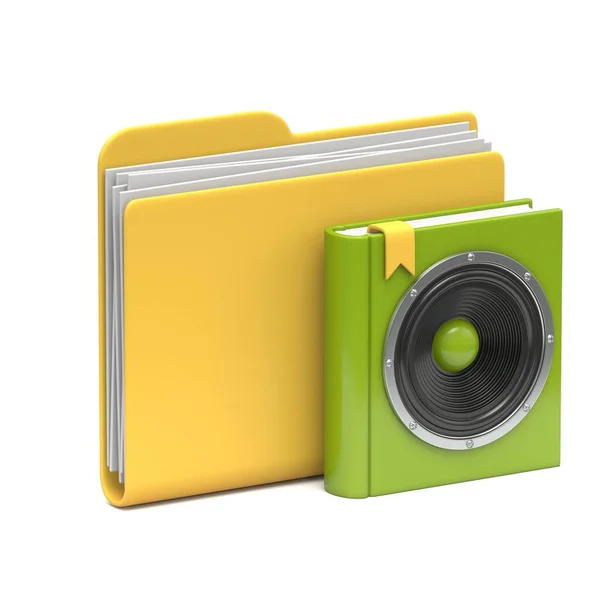 黄色のフォルダアイコンオーディオブック3Dレンダリングイラストは白い背景に隔離されました — ストック写真