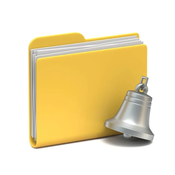 Icono Carpeta Amarilla Notificación Campana Plateada Representación Ilustración Aislada Sobre — Foto de Stock