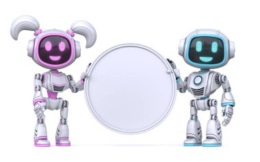 Şirin pembe kız ve mavi erkek robotlar beyaz arka planda izole edilmiş 3 boyutlu resimleme işaretini taşıyorlar.