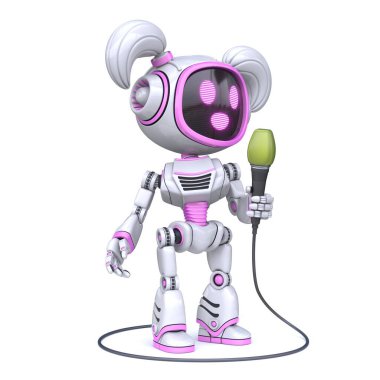 Şirin pembe kız robot mikrofon 3D görüntüleme beyaz arkaplanda izole edildi