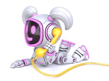 Retro telefonu tutan sevimli pembe kız robot beyaz arka planda izole edilmiş 3D görüntüleme