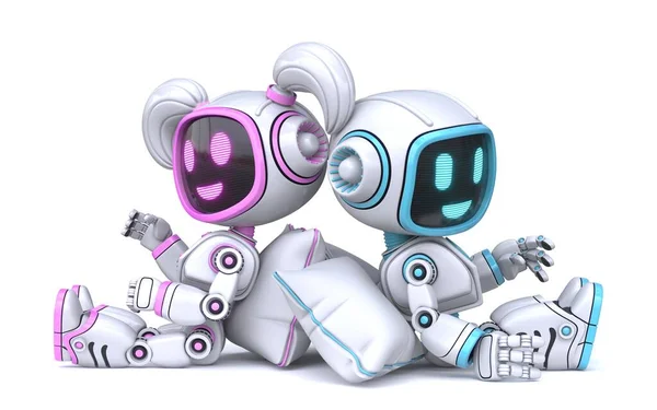 Şirin Pembe Kız Mavi Erkek Robotlar Yastık Hakkında Konuşuyorlar Beyaz — Stok fotoğraf