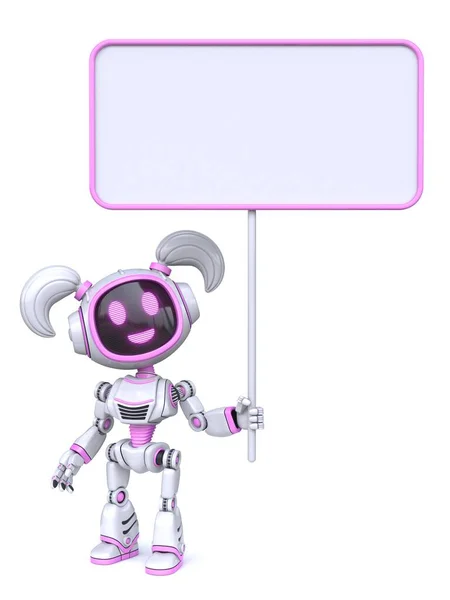 Симпатичная Розовая Девушка Робот Пустым Баннером Знак Рендеринга Иллюстрации Изолированы — стоковое фото
