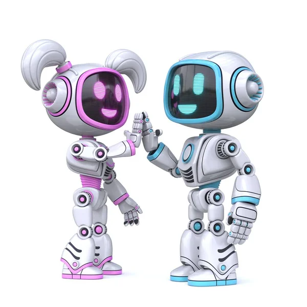 Roztomilé Růžové Dívka Modrý Chlapec Roboty Dává Vysoké Pět Vykreslování — Stock fotografie