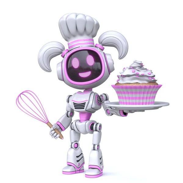 Linda Chica Rosa Robot Cocinero Cupcake Representación Ilustración Aislada Sobre —  Fotos de Stock