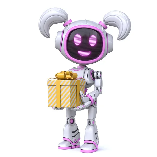 Roztomilé Růžové Dívka Robot Drží Malé Dárkové Krabice Vykreslování Ilustrace — Stock fotografie