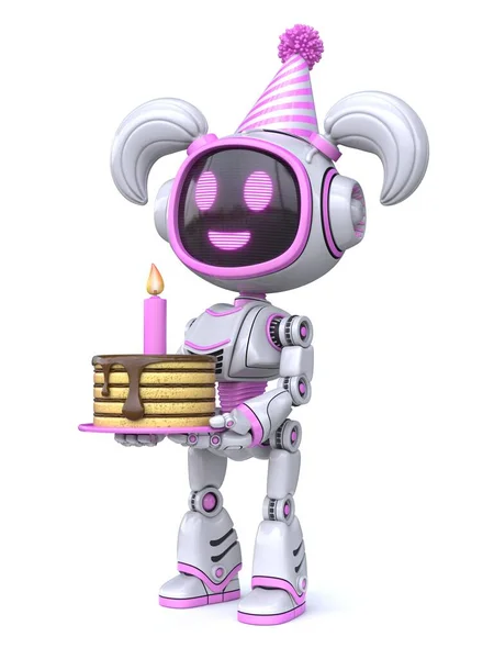 かわいいですピンクの女の子のロボットとともに誕生日キャップとケーキ3Dレンダリングイラスト白の背景に隔離 — ストック写真