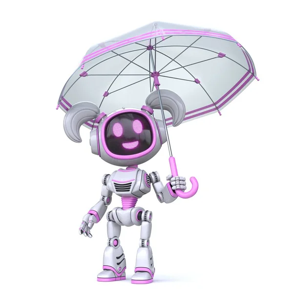 可爱的粉红女孩机器人拿着伞3D渲染图解隔离在白色背景下 — 图库照片