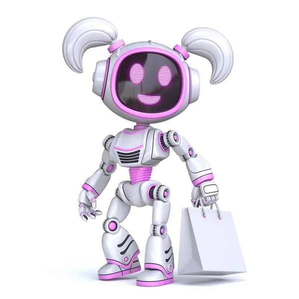 Schattige Roze Meisje Robot Met Witte Boodschappentas Rendering Illustratie Geïsoleerd — Stockfoto
