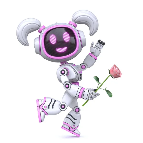 Cute Pink Girl Robot Love Hold Rose Rendering Illustration Isolated — Stock Photo, Image