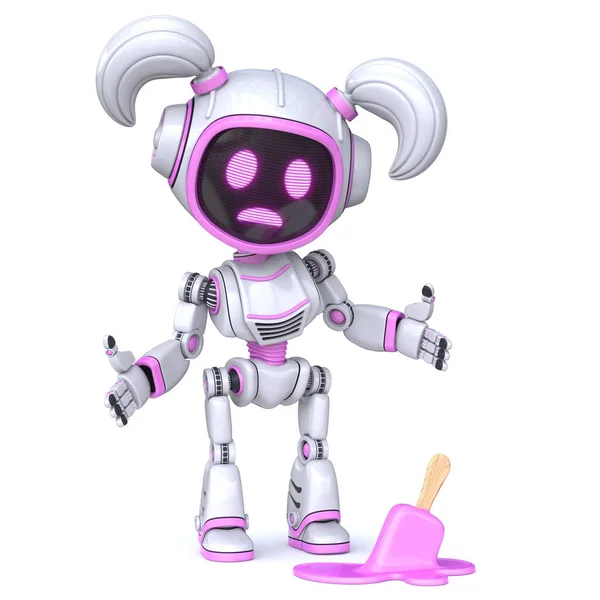 Cute Pink Girl Robot Dropped Ice Cream Rendering Illustration Isolated — Stock Photo, Image