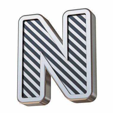 Paslanmaz çelik ve siyah çizgili yazı tipi N 3D harfi resimleme beyaz arkaplanda izole edildi