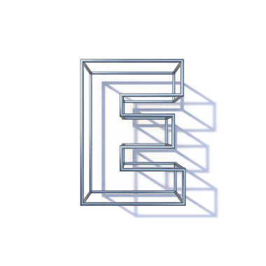 Çelik tel çerçeve yazı tipi Harf E 3D resimleme beyaz arkaplan üzerinde izole
