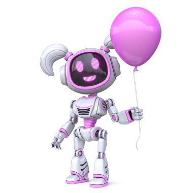 Pembe balon tutan sevimli pembe kız robot. Beyaz arka planda izole edilmiş 3D görüntü.