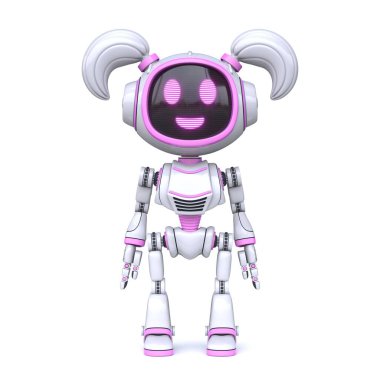 Beyaz arka planda izole edilmiş 3D resimli sevimli pembe kız robot.