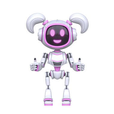 Sevimli pembe kız robot beyaz arka planda izole edilmiş 3B görüntüleme başparmaklarını kaldırıyor