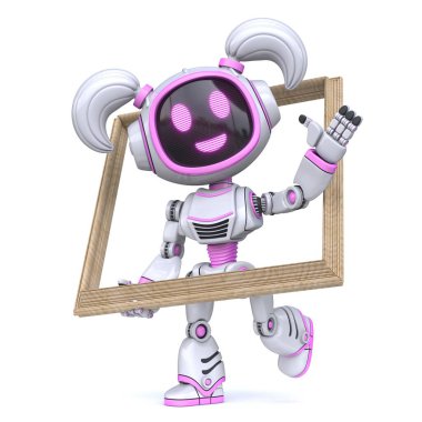 Şirin pembe kız robot ahşap çerçeve 3D görüntüleme beyaz arka planda izole