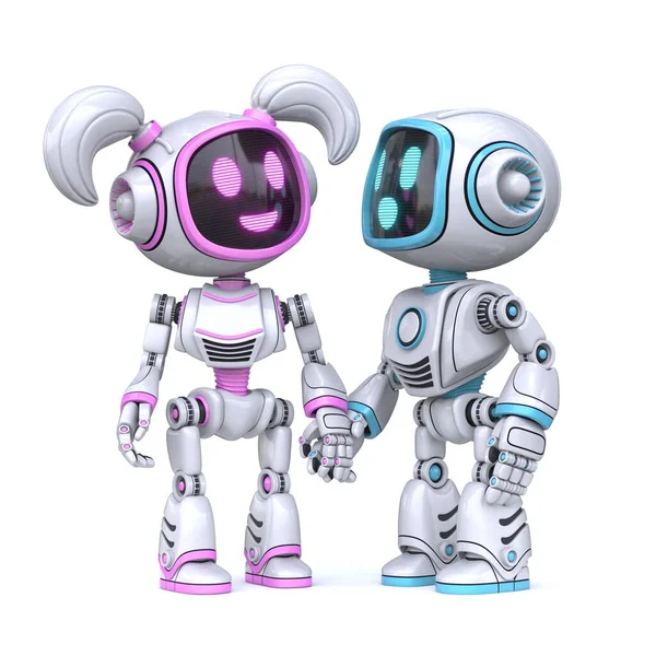 Cute Pink Girl Blue Boy Robots Holding Hands Rendering Illustration — Stock Photo, Image