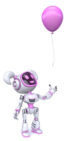 Cute Pink Girl Robot Look Flying Balloon Rendering Illustration Isolated — Stock Photo, Image