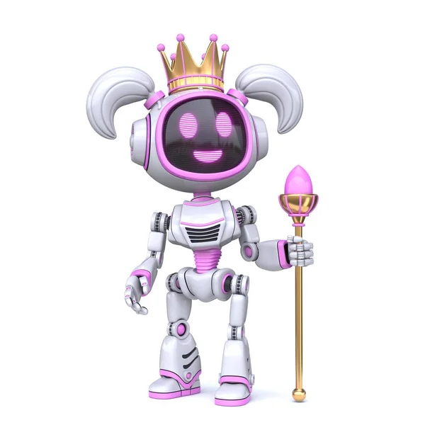 Roztomilé Růžové Dívka Robot Královnou Koruny Vykreslování Ilustrace Izolované Bílém — Stock fotografie