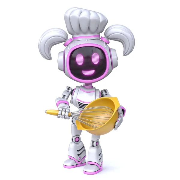 Roztomilý Růžová Dívka Robot Vaření Klobouk Vykreslování Ilustrace Izolované Bílém — Stock fotografie