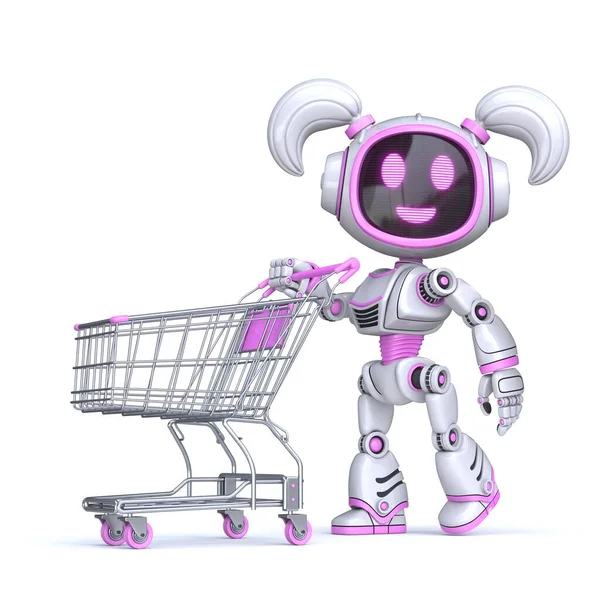 Nettes Rosa Mädchen Roboter Schieben Leeren Einkaufswagen Rendering Illustration Isoliert — Stockfoto