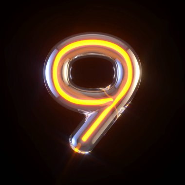 Parlayan cam tüp yazı tipi numara 9 NINE 3D görüntüleme resmi siyah arkaplanda izole edildi
