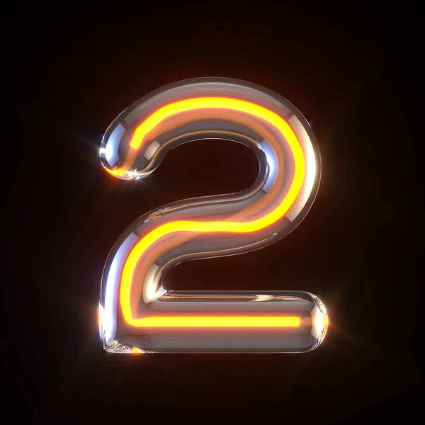 Glowing Glass Tube Font Number Two Render Illustration Isolated Black — ストック写真