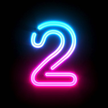 Blue pink glowing neon tube font Number 2 TWO 3D render illustration isolated on black background