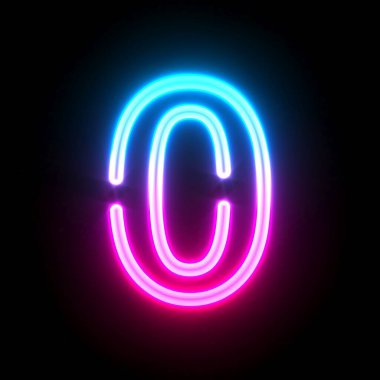 Mavi parlak neon tüp yazı tipi 0 ZERO 3D görüntüleme resmi siyah arkaplanda izole edildi