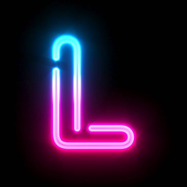 Mavi parlak neon tüp yazı tipi L 3D resim çizimi siyah arkaplanda izole