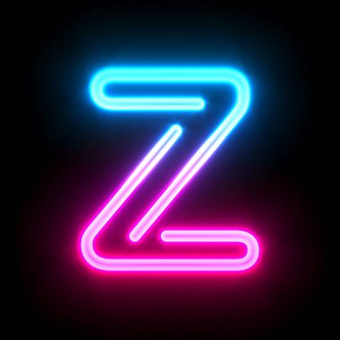 Mavi, parlayan neon tüp yazı tipi. Z 3D harfi çizimi siyah arkaplanda izole edilmiş.