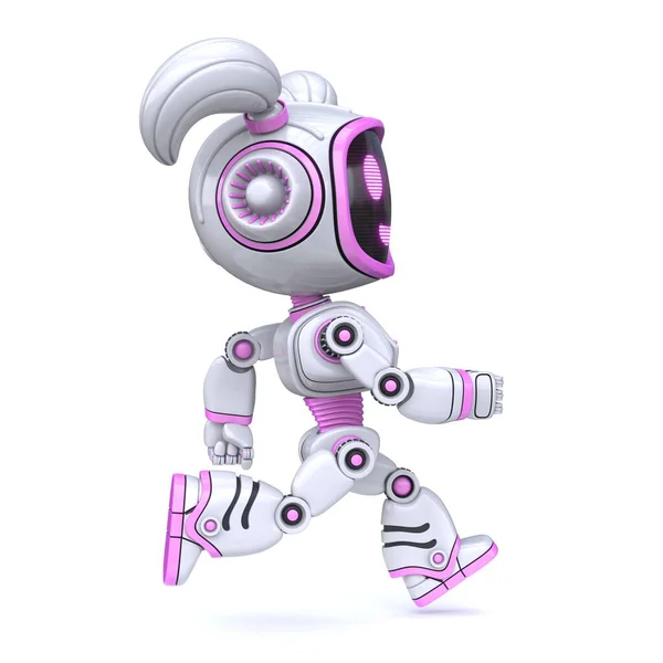 かわいいピンクの女の子のロボットが白い背景に隔離された3Dレンダリングイラストを実行 — ストック写真