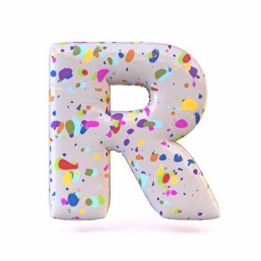 Renkli terrazzo yazı tipi Harf R 3D resimleme beyaz arkaplanda izole