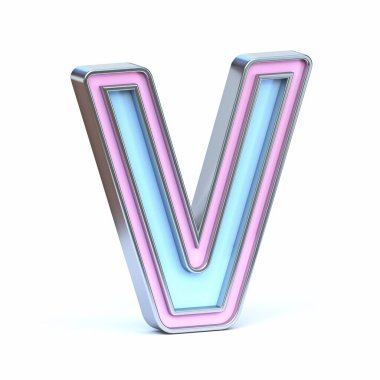 Beyaz arkaplanda mavi ve pembe metal yazı tipi V 3D resim çizimi izole