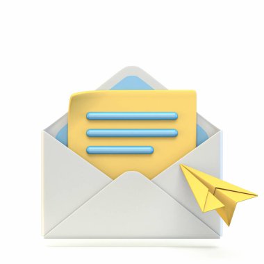 Kağıt uçak 3D resim içeren posta simgesi beyaz arkaplanda izole edilmiş