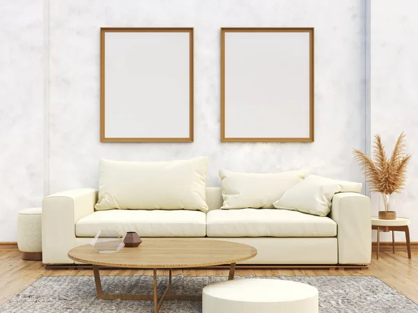 Mock Poster Two Blank Frames Classic Sofa Modern Interior Background — Stock fotografie