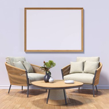 Modern iç planda iki ahşap koltukla poster çerçevelerini modelle. 3D görüntüleme
