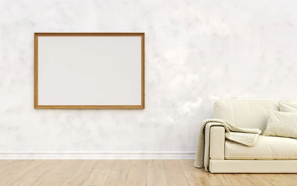 モダンなインテリアの背景に白いソファとポスターフレームをモックアップ3Dレンダリング3Dイラスト — ストック写真