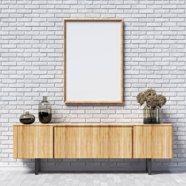 Tuğla duvarlı poster çerçevelerini ve modern iç plan 3 boyutlu resimlendirmedeki basit dekorasyonları düzenle